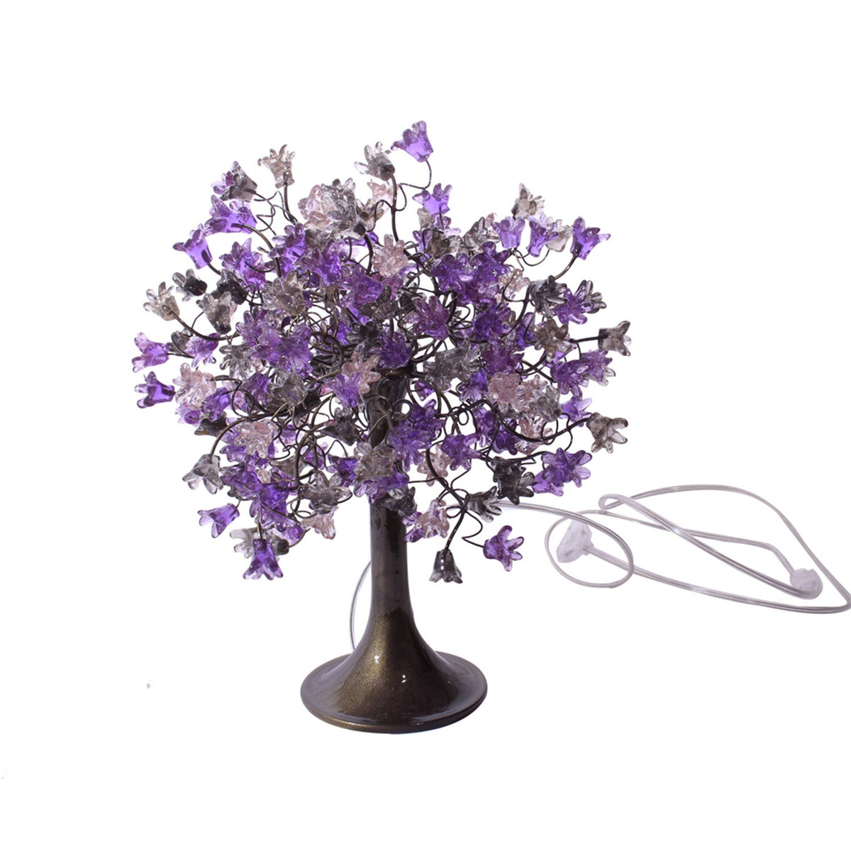 Purple bedside lamp, Table Lamp with Violet gray and clear flowers, small table lamp, midnight color flowers lighter.