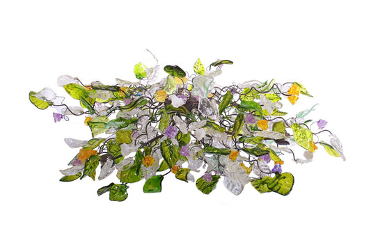 Hanging oval chandeliers with green clear yellow and purple flowers and leaves for Dining Room