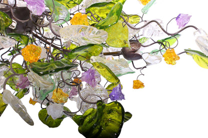 Hanging oval chandeliers with green clear yellow and purple flowers and leaves for Dining Room