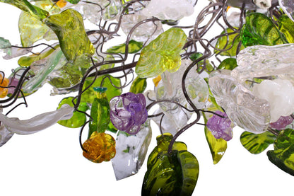 Hanging oval chandeliers with green clear yellow and purple flowers and leaves for Dining Room