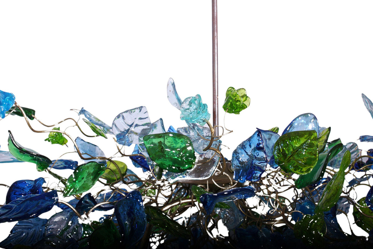 Large Hanging oval chandeliers with blue and green flowers and leaves for Dining Room or living room