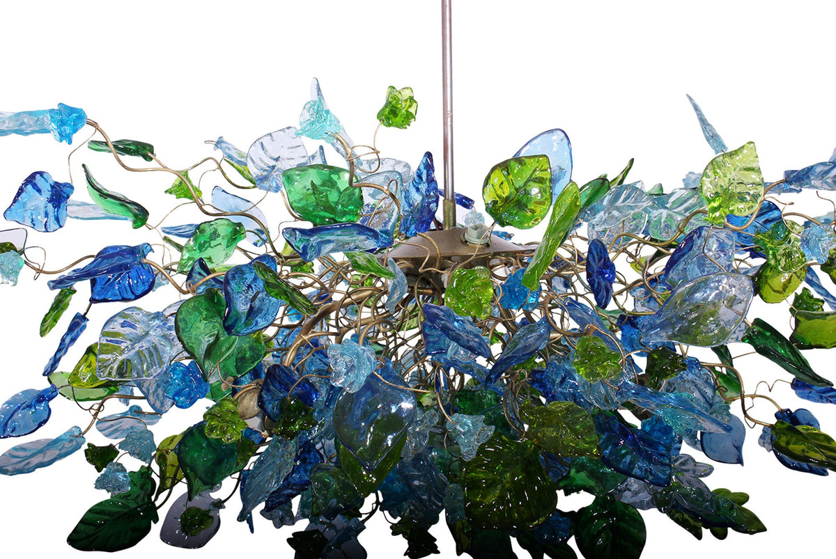Large Hanging oval chandeliers with blue and green flowers and leaves for Dining Room or living room