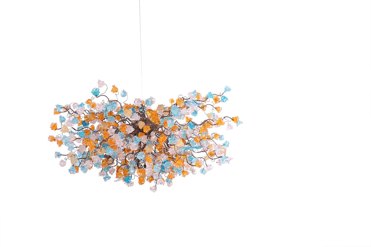 Hanging chandeliers with orange clear and turquoise color flowers and leaves for Dining Room, bedroom or living room.