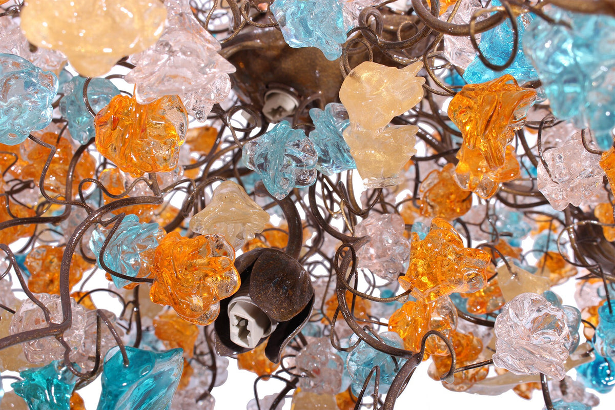 Hanging chandeliers with orange clear and turquoise color flowers and leaves for Dining Room, bedroom or living room.