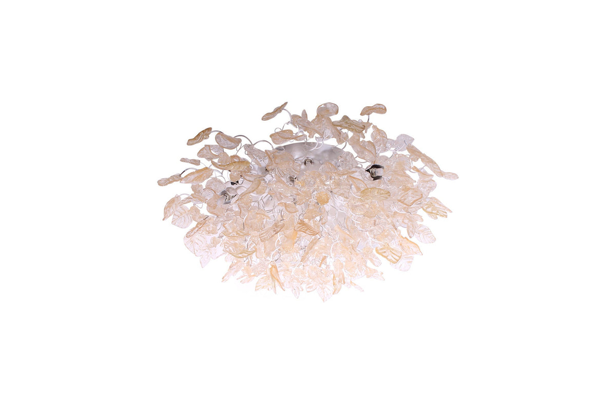 Large Flush Mount Ceiling Light with clear and gold color flowers and leaves, unique ceiling mount light for kitchen.