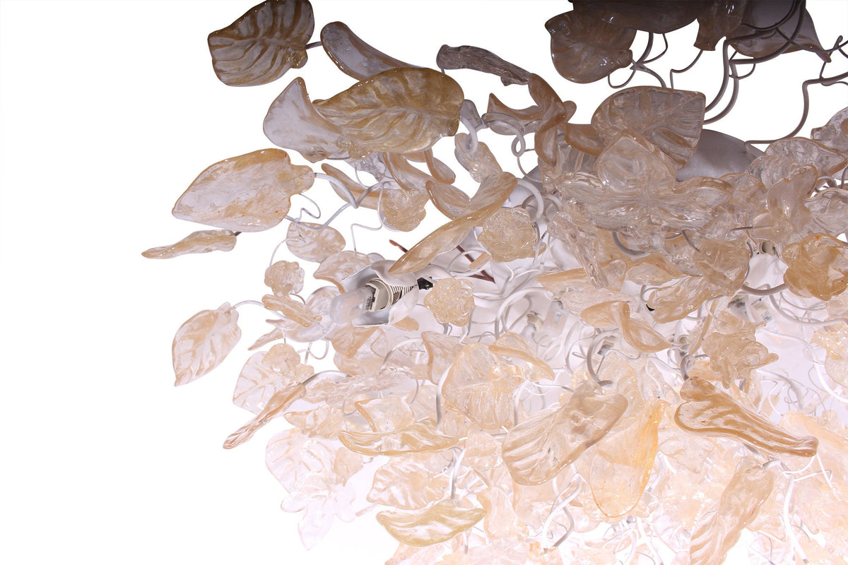 Large Flush Mount Ceiling Light with clear and gold color flowers and leaves, unique ceiling mount light for kitchen.