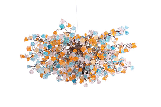 Hanging chandeliers with orange clear and turquoise color flowers and leaves for Dining Room, bedroom or living room.