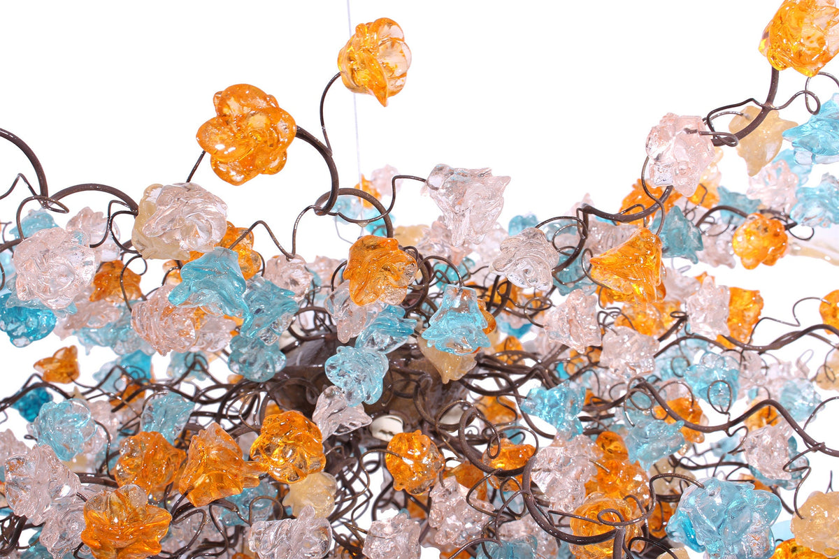 Hanging chandeliers with orange clear and turquoise color flowers and leaves for Dining Room, bedroom or living room.