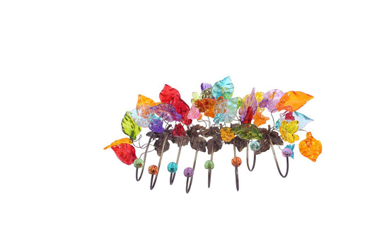 Decorative Wall Hooks, Coat rack with Multicolored resin flowers and leaves and leaves, decorative wall hanger.