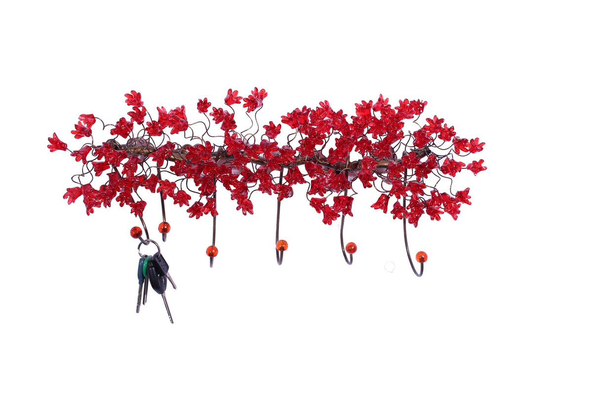 Unique hooks Coat Rack, Wall Hook with red resin flowers and leaves, decorative wall hanger.