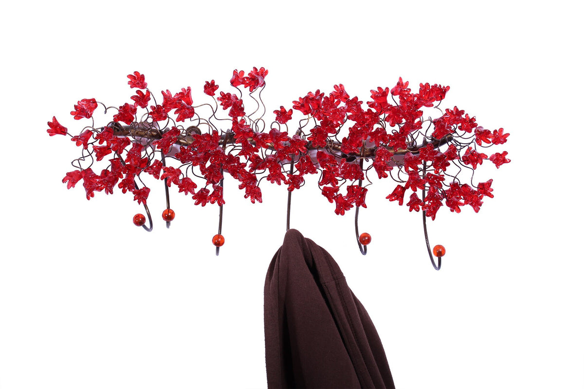 Unique hooks Coat Rack, Wall Hook with red resin flowers and leaves, decorative wall hanger.