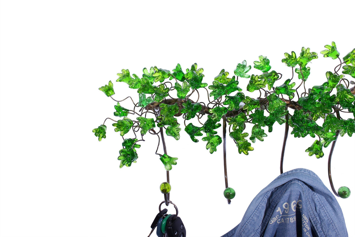 Unique hooks Coat Rack, Wall Hook with green resin flowers and leaves, decorative wall hanger.