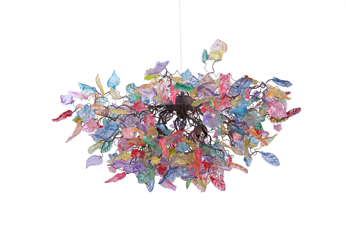 Hanging chandeliers with Pastel color flowers & leaves for Dining Room.