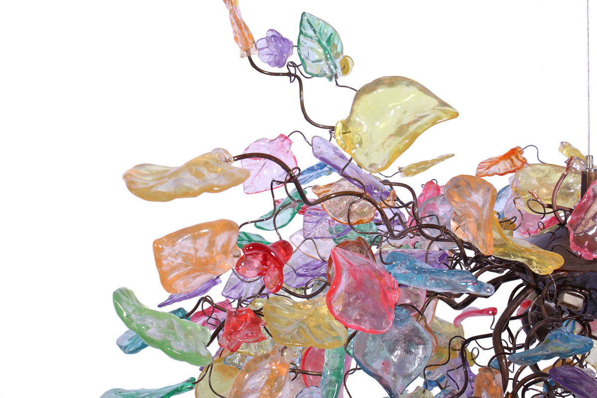 Hanging chandeliers with Pastel color flowers & leaves for Dining Room.
