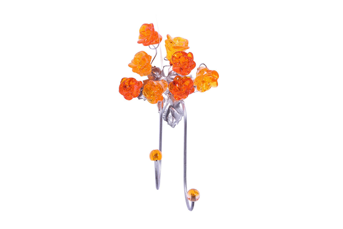 Wall Hook with warm color resin flowers and metal leaves, decorative wall hanger.