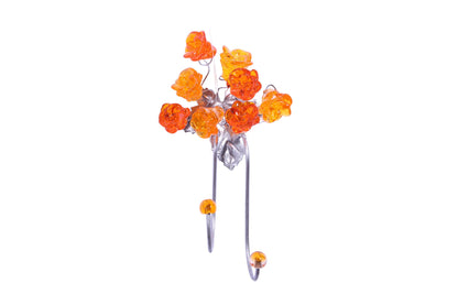 Wall Hook with warm color resin flowers and metal leaves, decorative wall hanger.