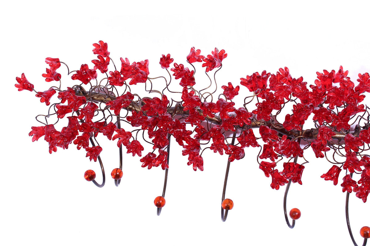 Unique hooks Coat Rack, Wall Hook with red resin flowers and leaves, decorative wall hanger.