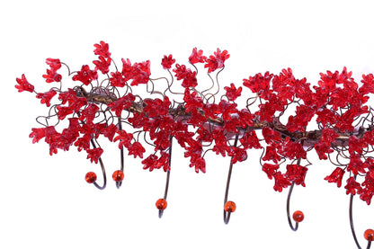 Unique hooks Coat Rack, Wall Hook with red resin flowers and leaves, decorative wall hanger.