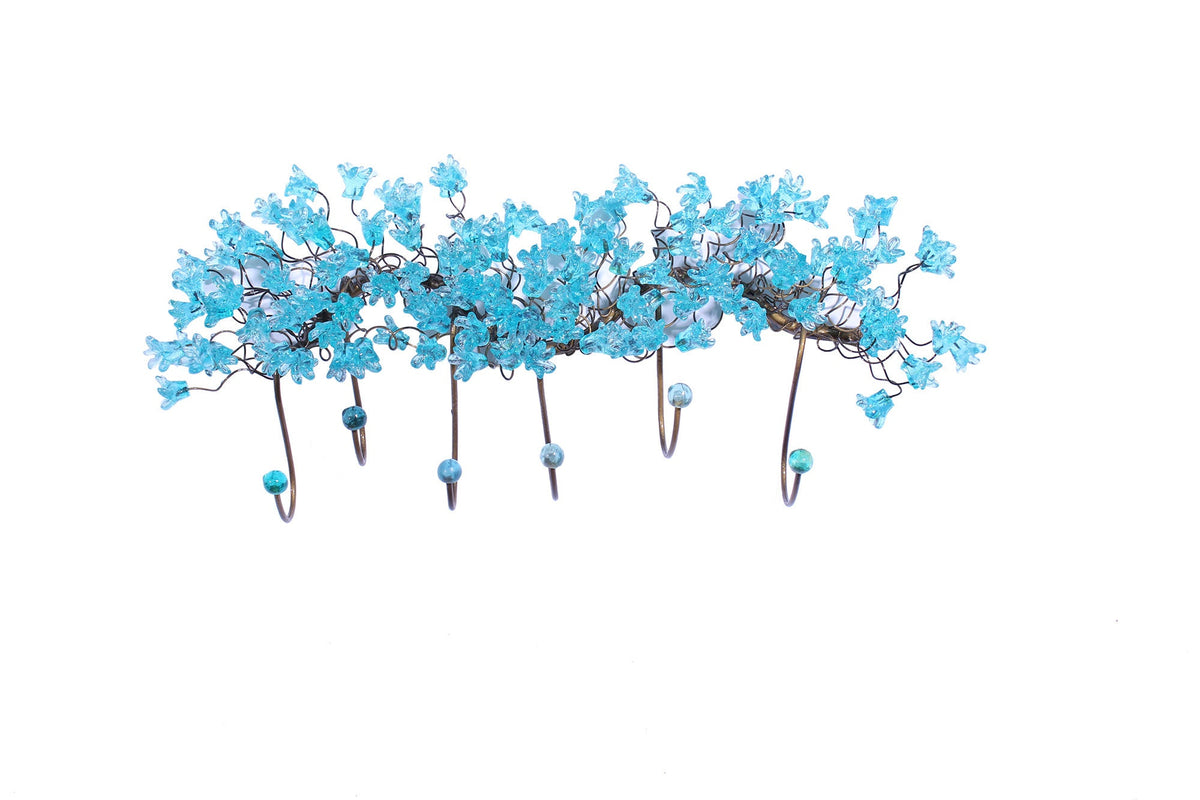 Handmade Metal 6-Hook Coat Rack: Light Blue Resin Flower Leaf Wall Towel Hanger