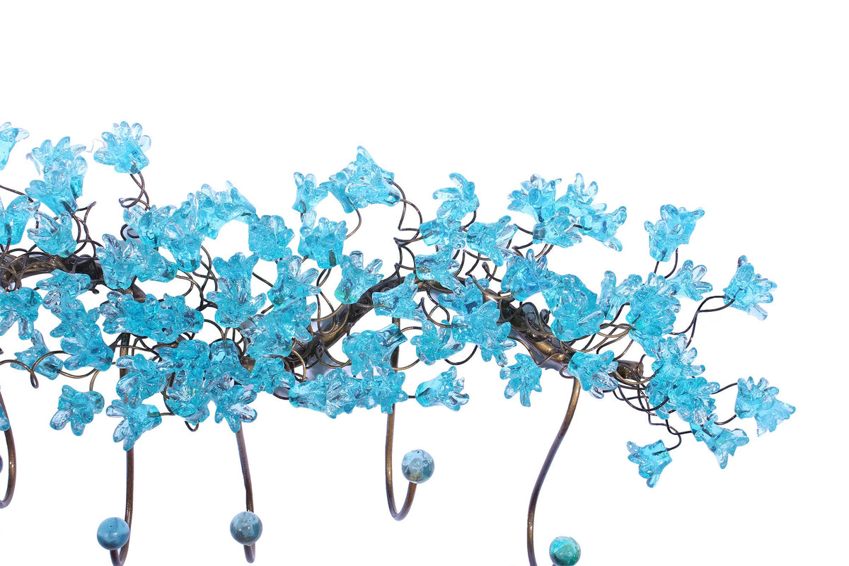 Handmade Metal 6-Hook Coat Rack: Light Blue Resin Flower Leaf Wall Towel Hanger