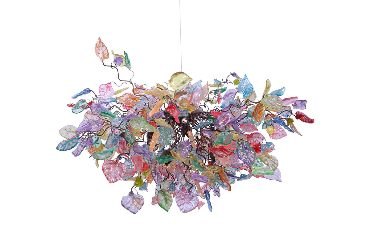Hanging chandeliers with Pastel color flowers & leaves for Dining Room.