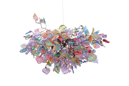 Hanging chandeliers with Pastel color flowers & leaves for Dining Room.