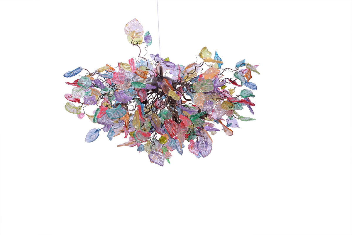 Hanging chandeliers with Pastel color flowers & leaves for Dining Room.