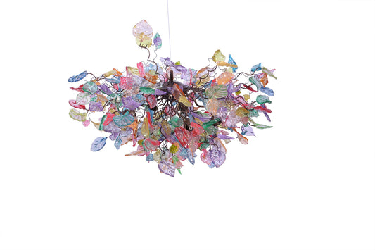 Hanging chandeliers with Pastel color flowers & leaves for Dining Room.