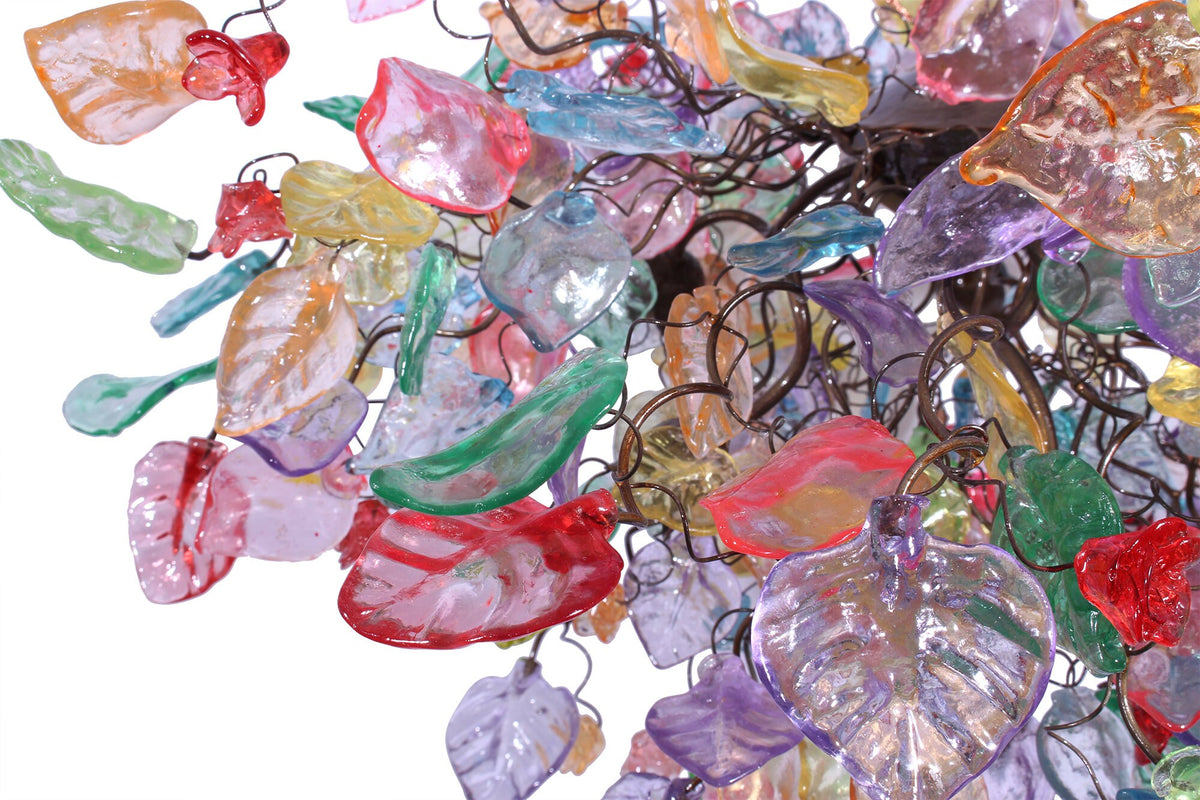Hanging chandeliers with Pastel color flowers & leaves for Dining Room.