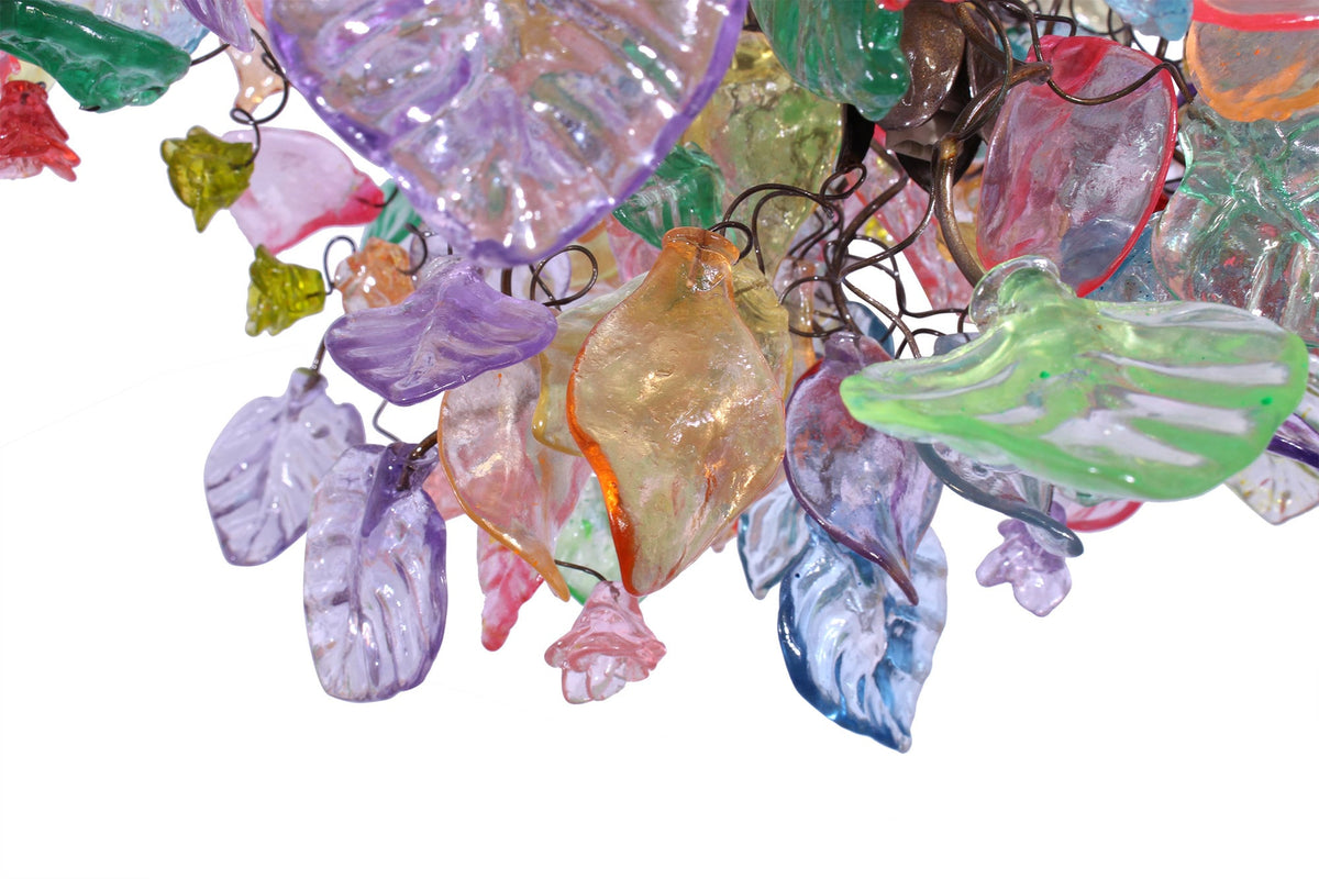 Hanging chandeliers with Pastel color flowers & leaves for Dining Room.