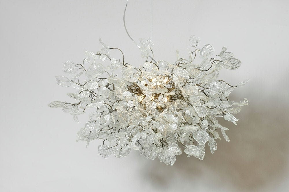 Hanging Chandeliers with transparent clear leaves and flowers for Dining Room