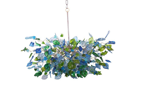 Large Hanging oval chandeliers with blue and green flowers and leaves for Dining Room or living room