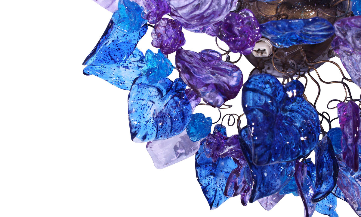 Ceiling lighting Flush mount with purple and blue flowers and leaves for bathroom, hall entrance or room.