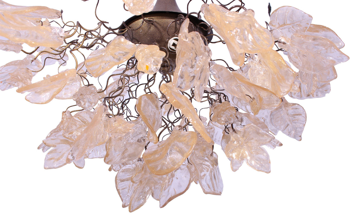 Elegant Chandelier with Gold and Clear Flowers and Leaves for Dining Room, Hall, or Bedroom - Unique Lighting Fixture with Resin Bouquet