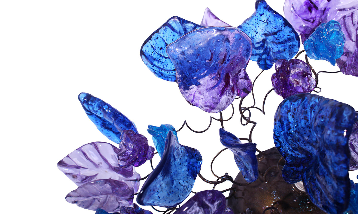 Ceiling lighting Flush mount with purple and blue flowers and leaves for bathroom, hall entrance or room.