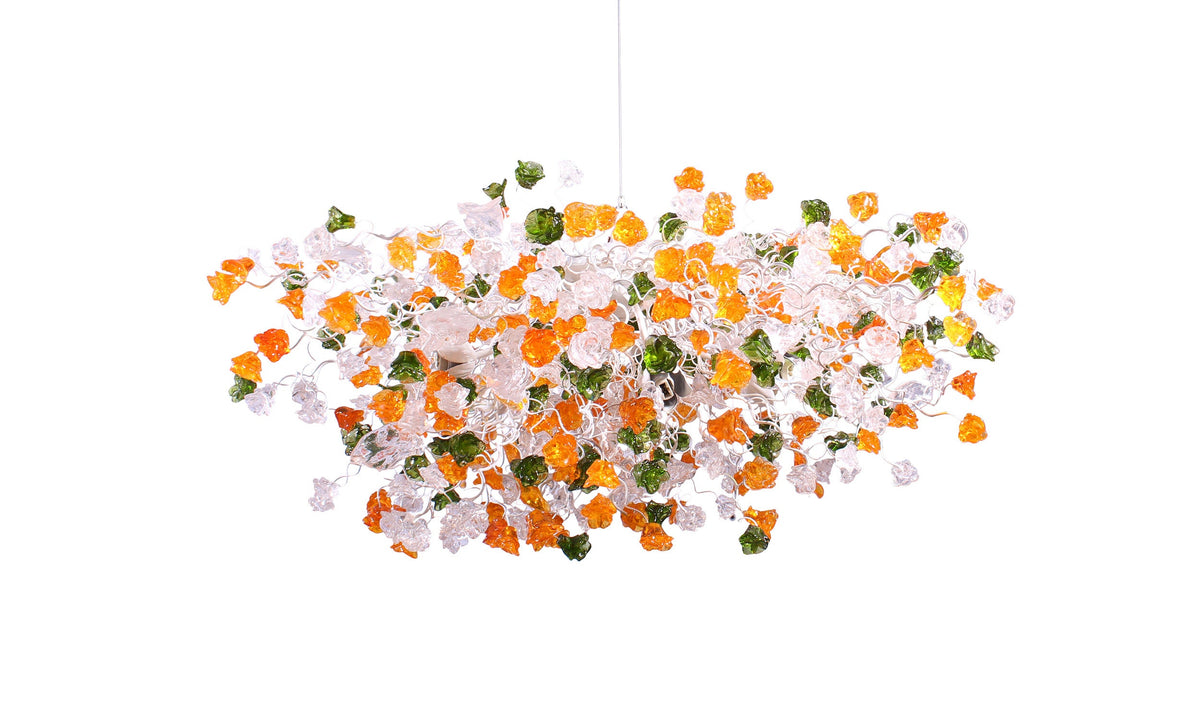 Hanging chandeliers with orange clear and green color flowers and leaves for Dining Room, bedroom or living room.