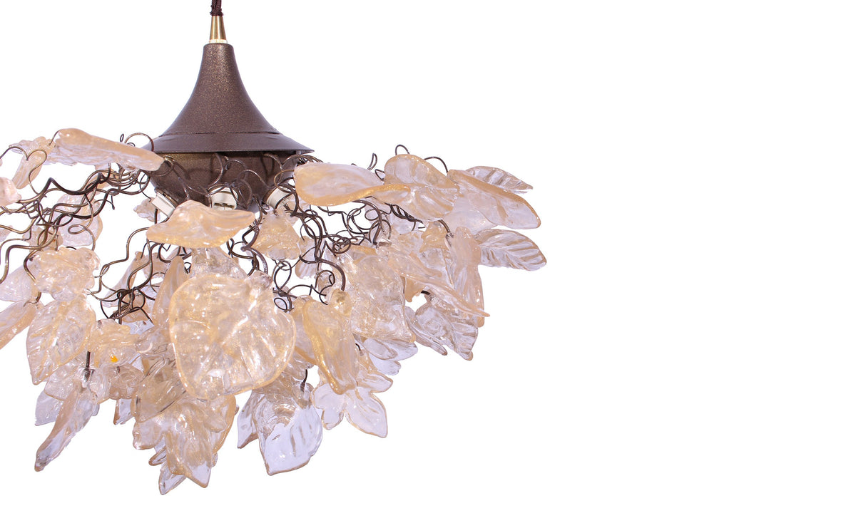 Elegant Chandelier with Gold and Clear Flowers and Leaves for Dining Room, Hall, or Bedroom - Unique Lighting Fixture with Resin Bouquet