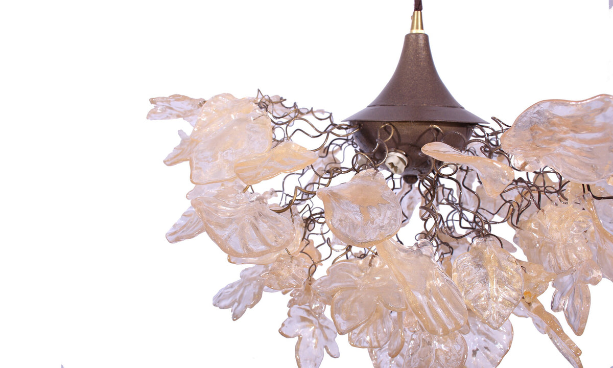 Elegant Chandelier with Gold and Clear Flowers and Leaves for Dining Room, Hall, or Bedroom - Unique Lighting Fixture with Resin Bouquet