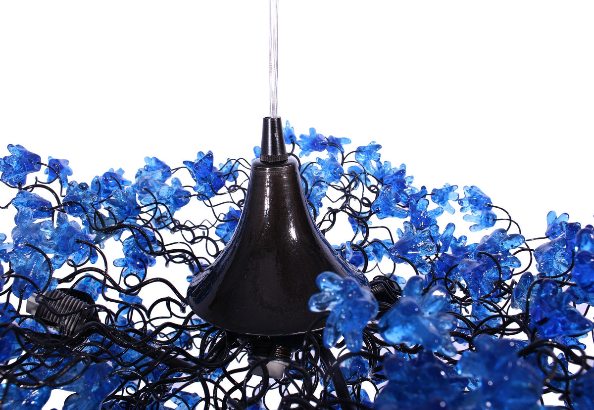 Elegant Hanging Ceiling Lamp with Blue Navy Flowers, Resin Floral Lighting for Living Room and Dining Room