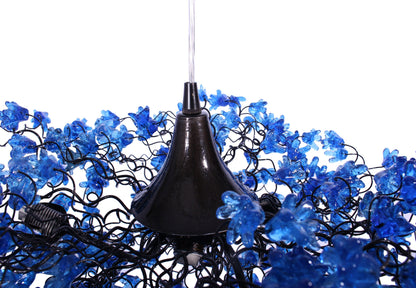 Elegant Hanging Ceiling Lamp with Blue Navy Flowers, Resin Floral Lighting for Living Room and Dining Room