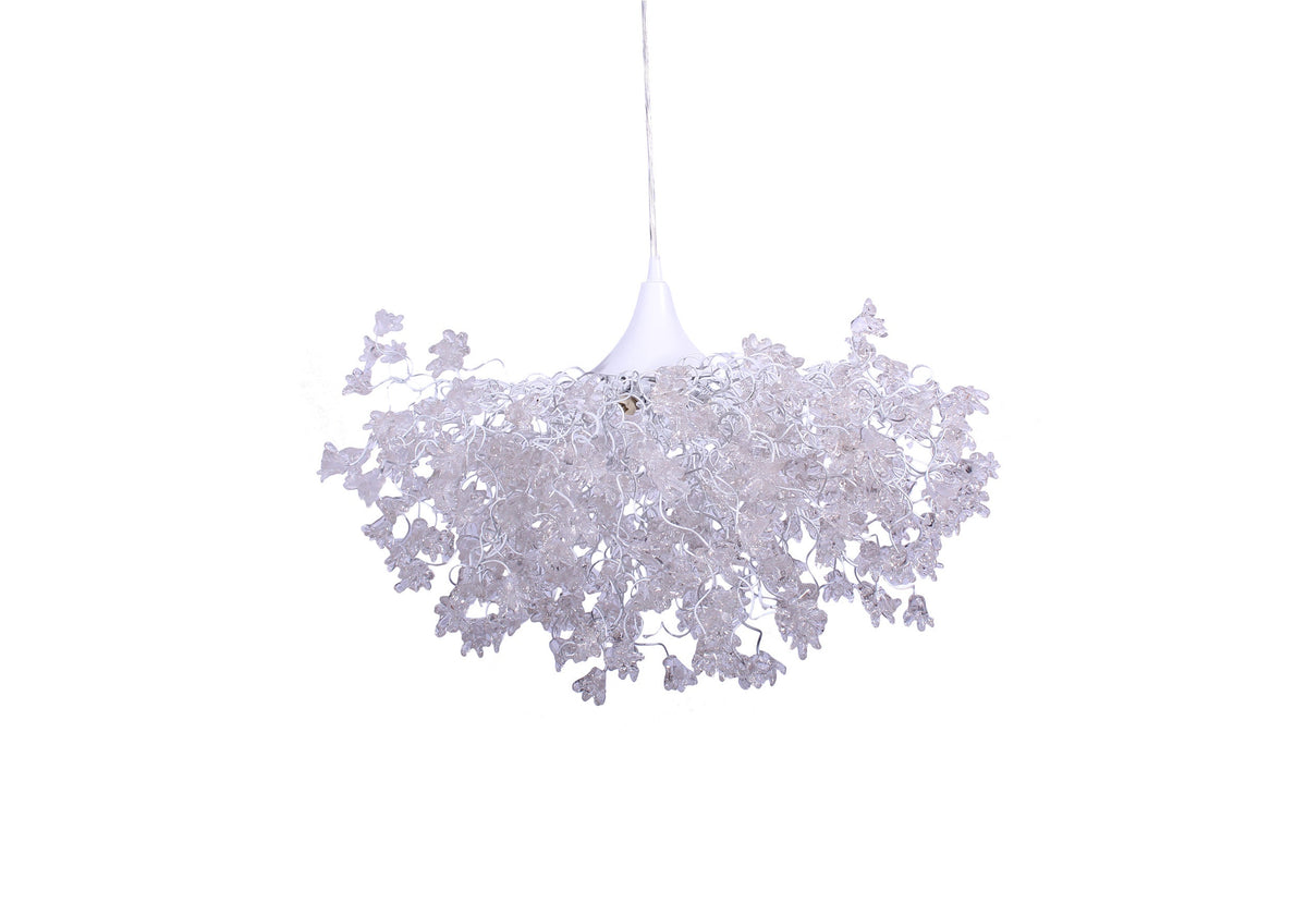 Elegant Chandelier with White Clear Flowers | Stunning Hanging Light for Living or Dining Room | Unique and Beautiful Resin Flower Lamp