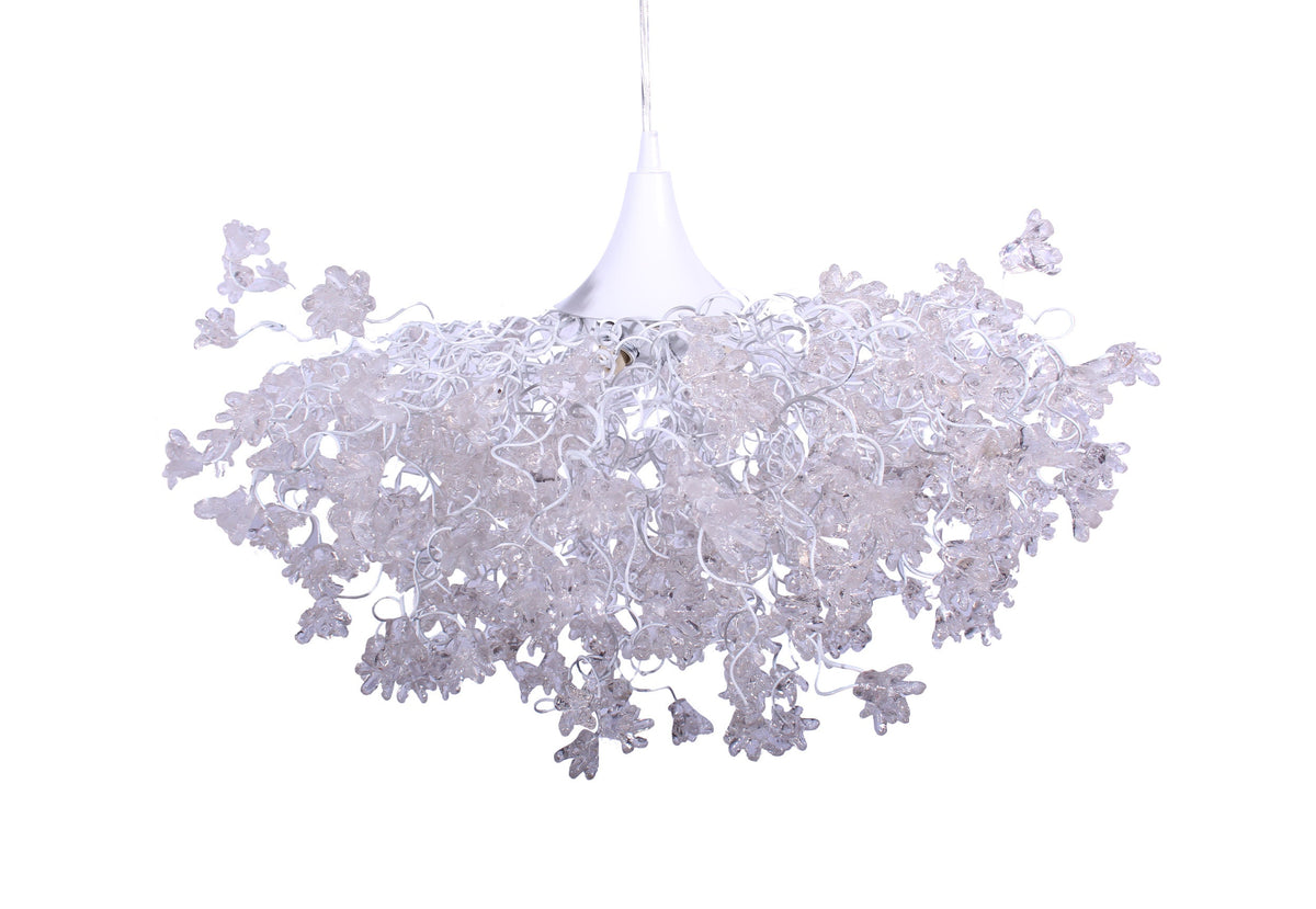 Elegant Chandelier with White Clear Flowers | Stunning Hanging Light for Living or Dining Room | Unique and Beautiful Resin Flower Lamp