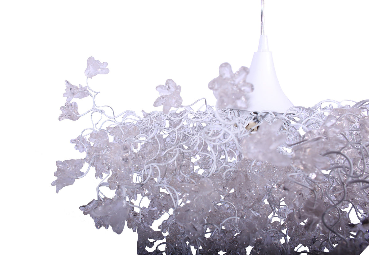Elegant Chandelier with White Clear Flowers | Stunning Hanging Light for Living or Dining Room | Unique and Beautiful Resin Flower Lamp