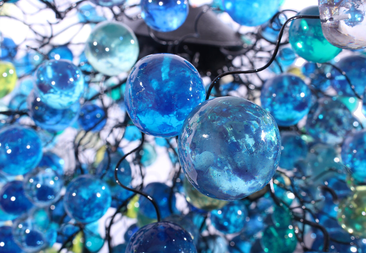 Blue Ceiling lighting fixture with blue bubbles for Dining Room, living room or open space.