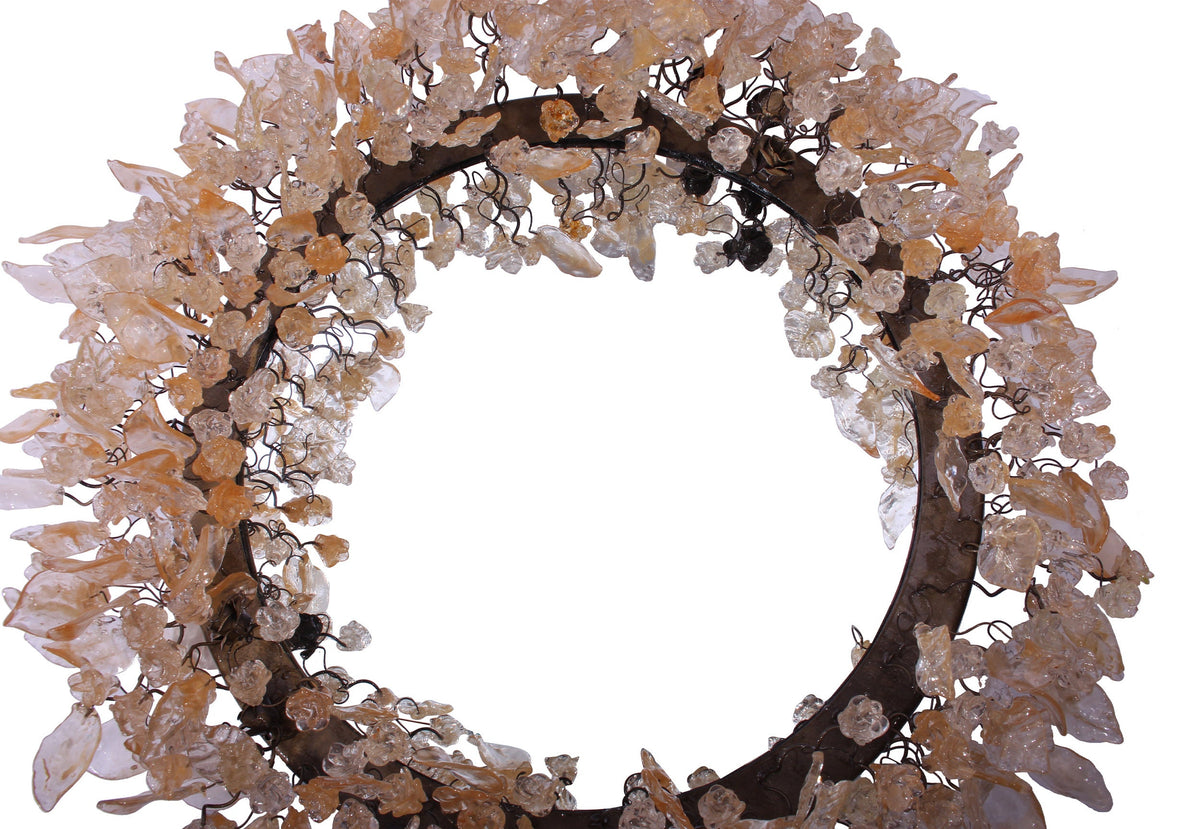 Round Wall Mirror: 24" Decorative Resin Flowers and Leaves Clear Gold Accent