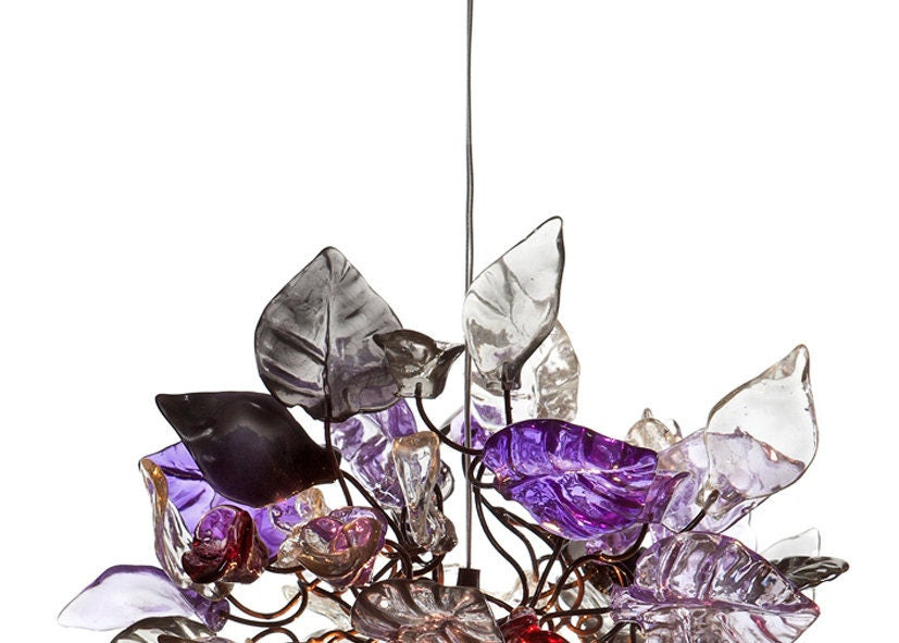 Pendant Lighting, island lighting with Purple, gray and clear flowers and leaves.