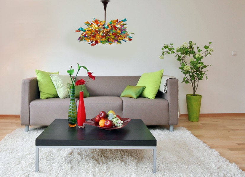 Chandelier hanging light with Champagne color flowers & leaves