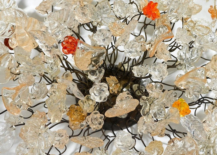 Floral Flush Mount Ceiling Light: Resin Flowers & Leaves, Orange Accents