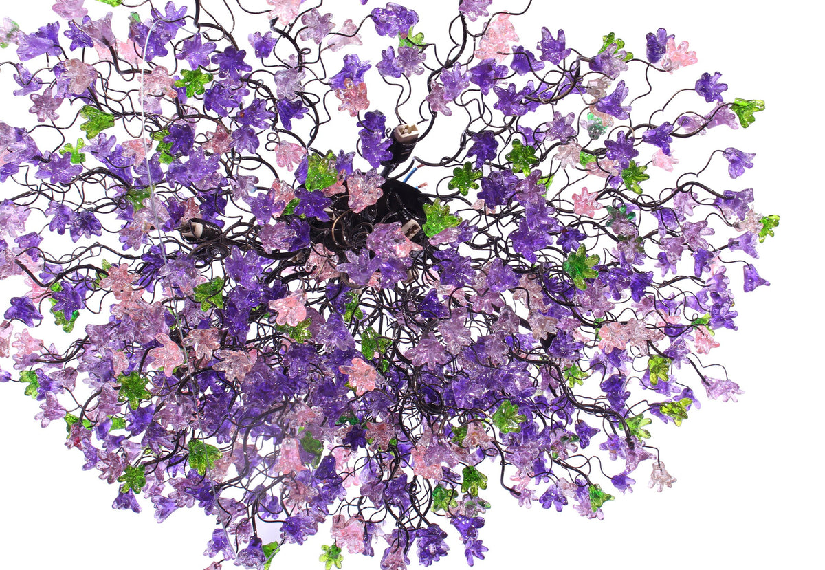 Unique Lighting, chandelier with purple, pink and green flowers, lights for Dining Room, statement lighting