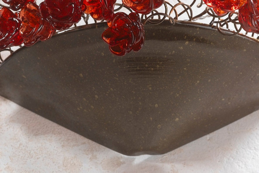 Red Resin Roses Wall Sconce: Spherical Bronze Up-Lit Home Lighting